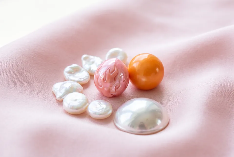 Conch-, Melo-, Keshi- und Mabe-Perlen auf rosa Seide