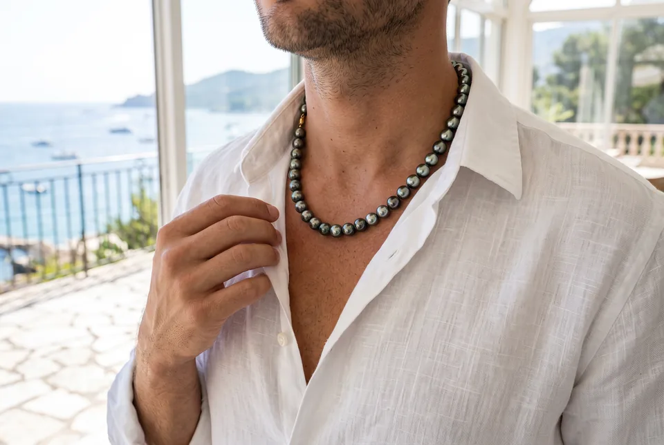 Kurze Tahitiperlen-Kette auf einem weißen Leinenhemd