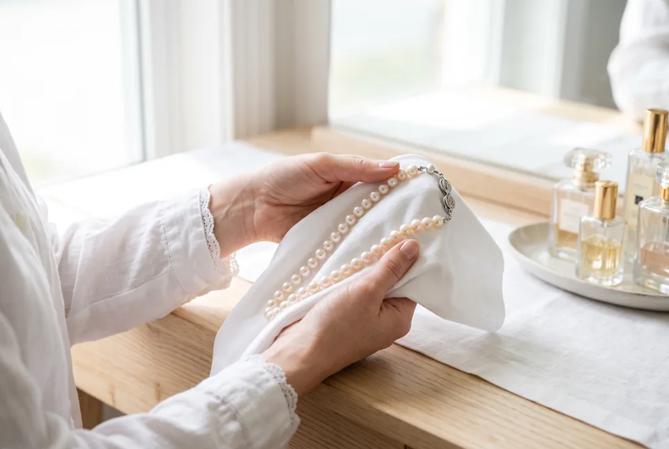 Perlenkette wird mit einem weichen Tuch gereinigt