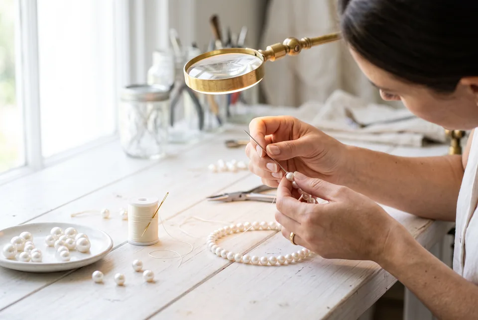 Goldschmiedehände knoten Seide zwischen Perlen
