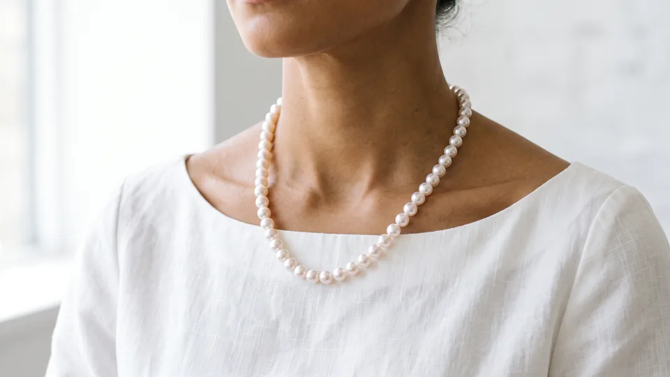 Perlenkette auf einem weißen Leinenkleid, Ausschnitt ohne Gesicht