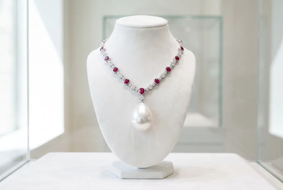 Großer Naturperlen-Anhänger an einem Diamantcollier auf weißem Samt